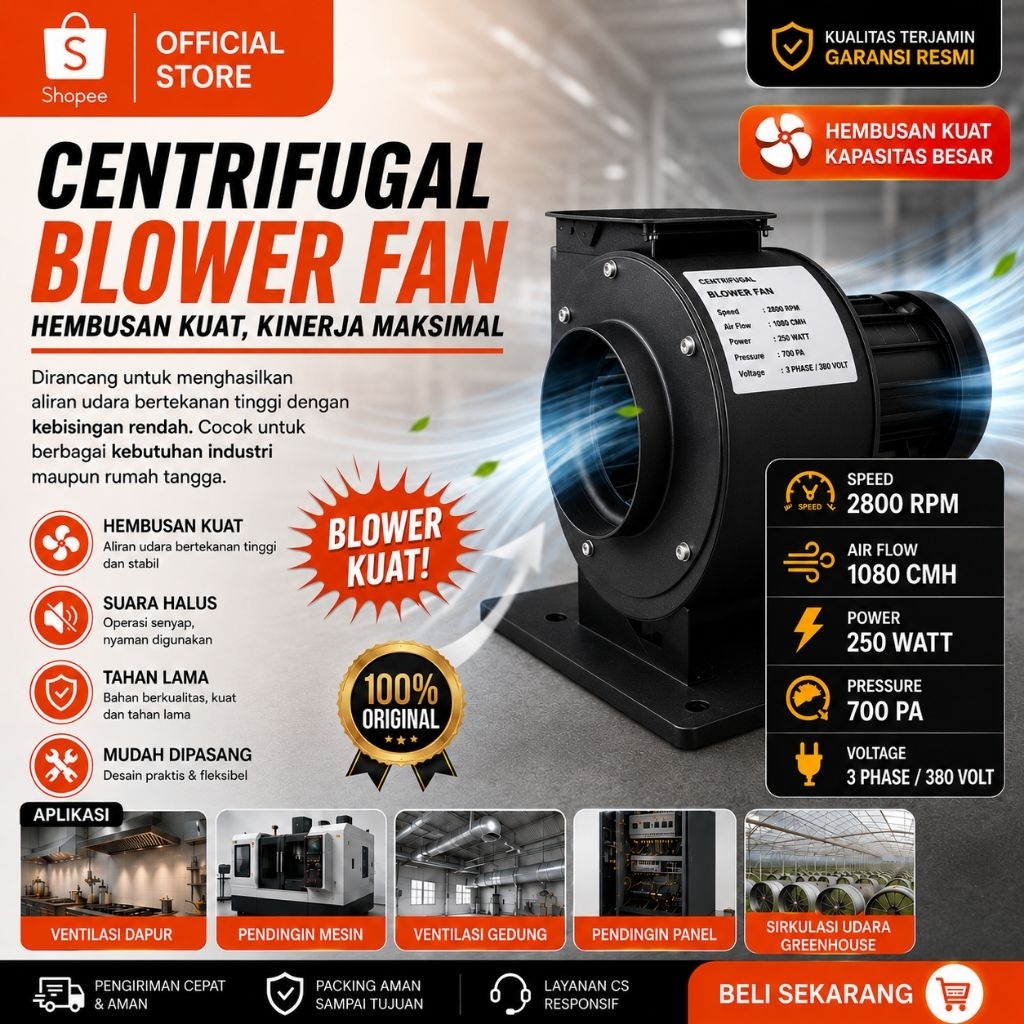 Centrifugal Blower Fan 2800 RPM 1080 CMH 250 Watt 700 Pa 3 Phase 380V - Exhaust Blower Industri Vent