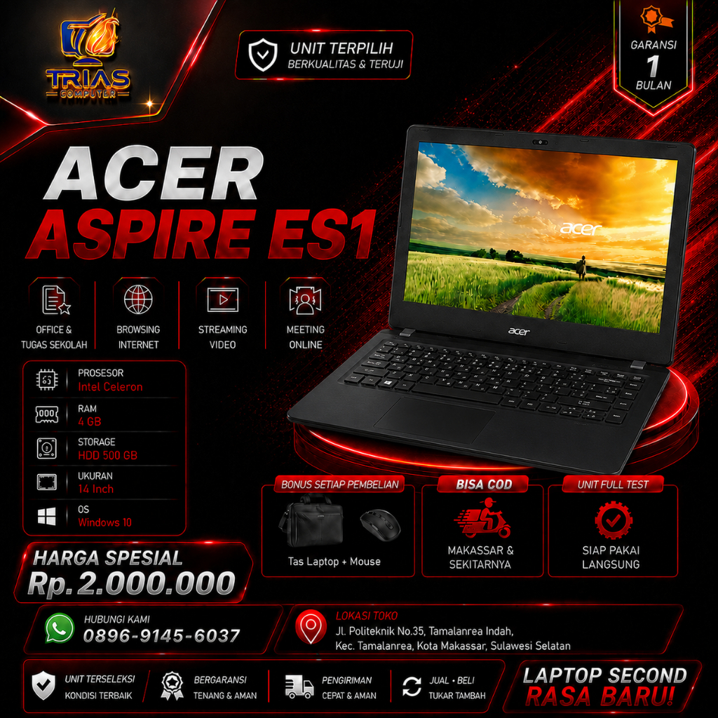Laptop Acer Aspire ES1 Intel Celeron RAM 4GB HDD 500GB 14 Inch Murah | Laptop Bekas Bergaransi Siap 