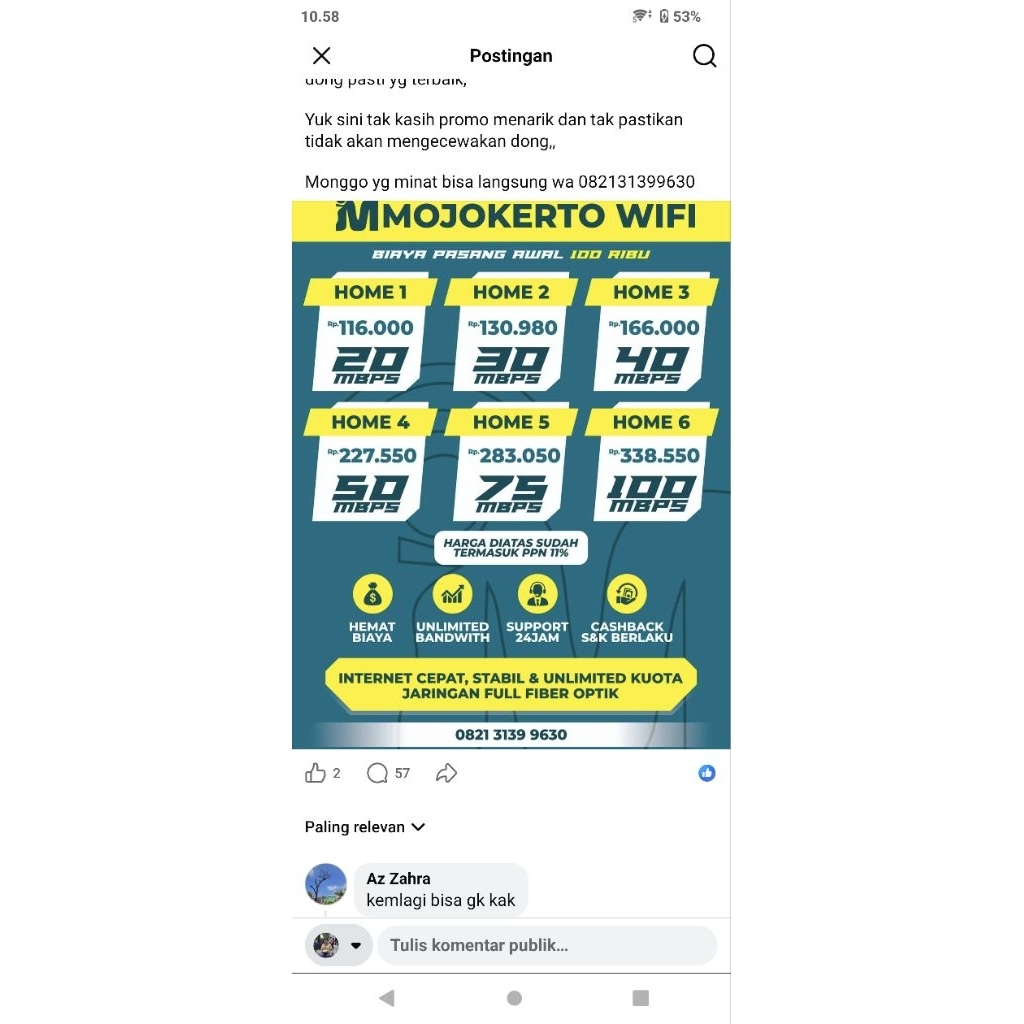 jasa pasang wifi Mojokerto my XL, my republic, dll