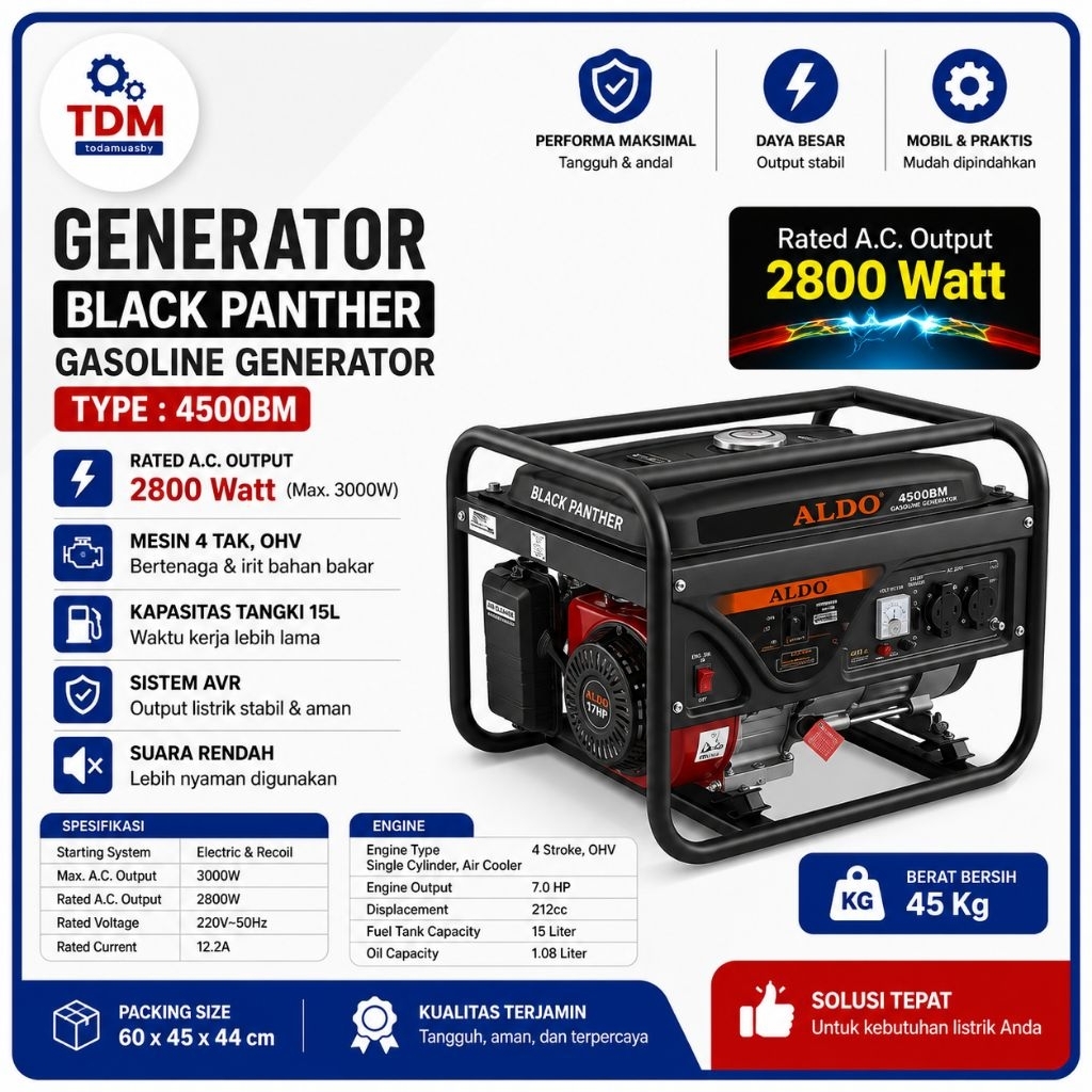 GENERATOR BLACK PANTHER 4500BM / GENSET 2800WAT / GASOLINE GENERATOR MERK ALDO