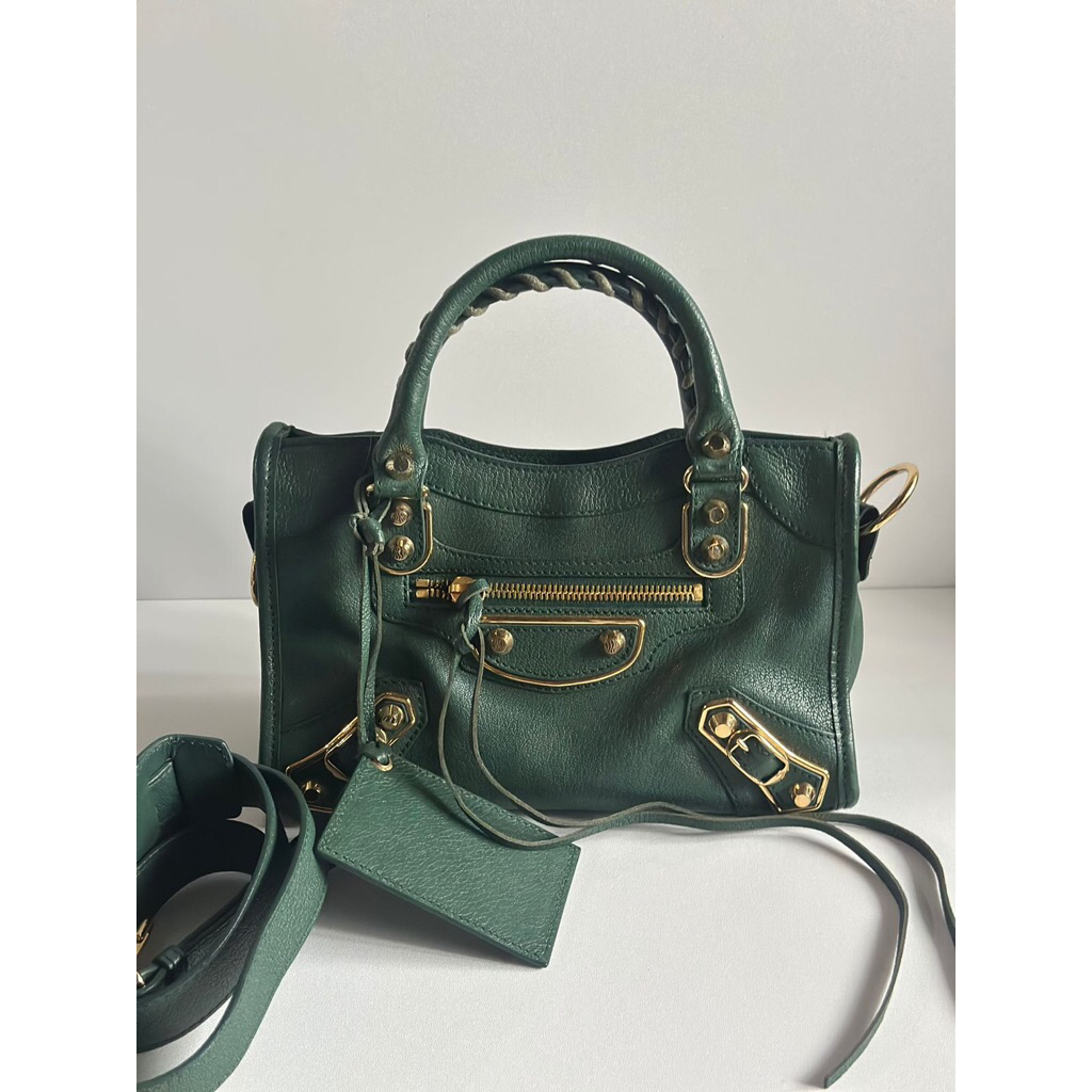 (PRELOVED) Balenciaga Mini Metallic Edge City Shiny Grained Goatskin Dark Green GHW #U 2020