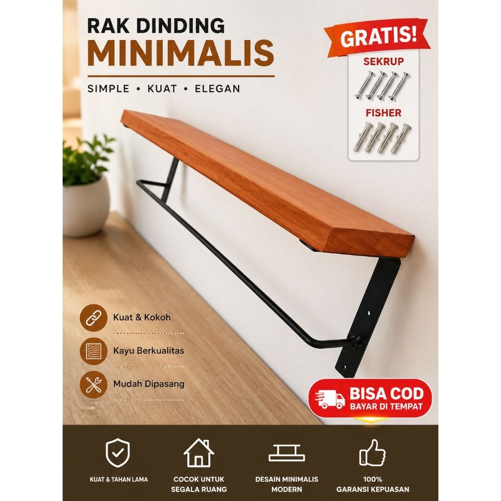 Rak Dinding Kayu Solid FREE sekrup+fisher