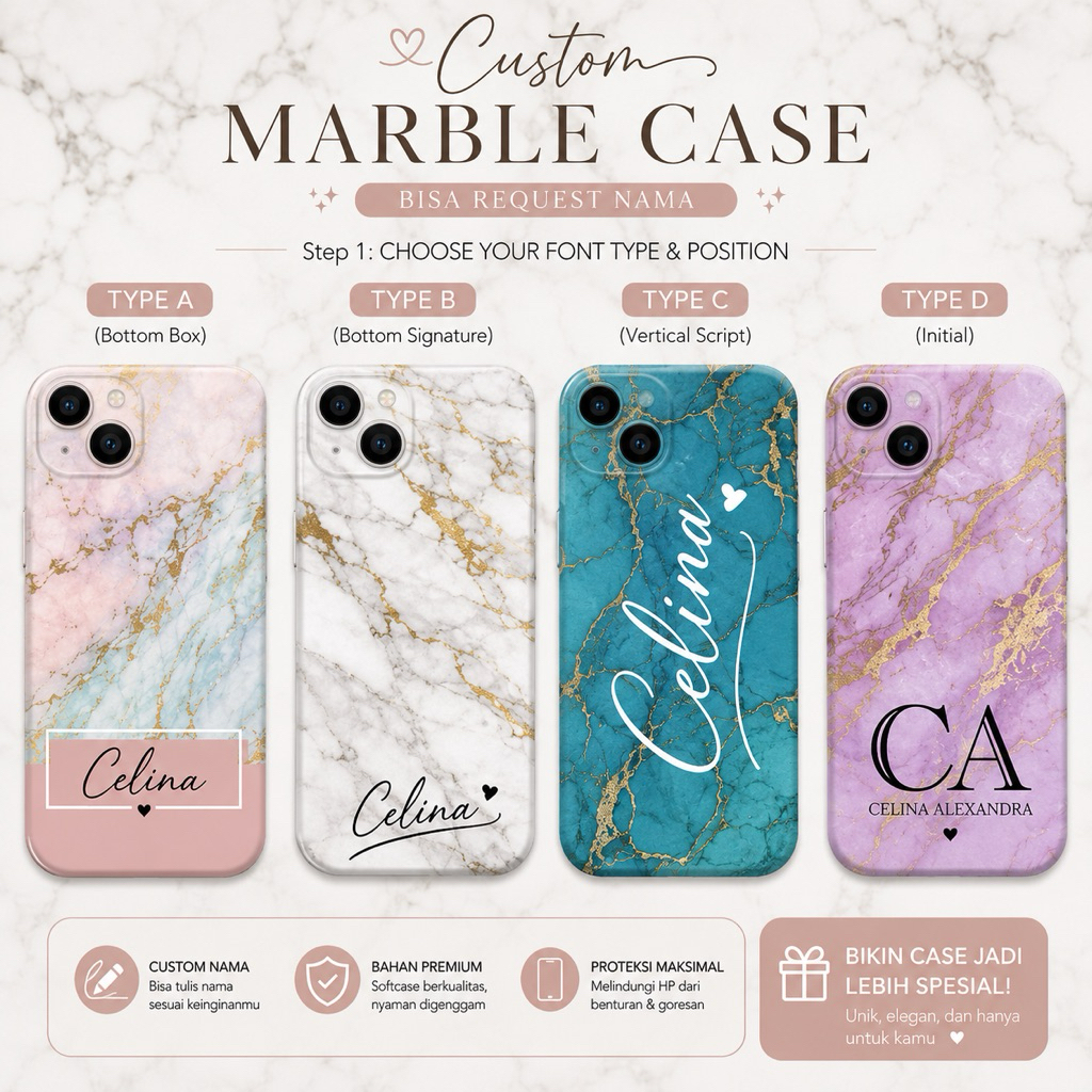 (Untuk semua type hp) Custom case bisa request nama for tipe Samsung Oppo Vivo Iphone Realme Redmi Y