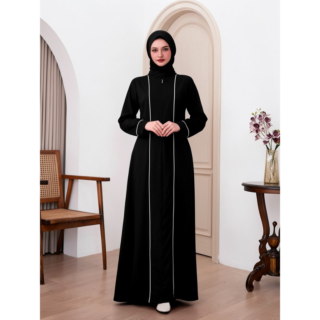 Abaya Aqila Gamis Perempuan Premium Desain Syari variasi List Putih Trand Gamis Muslim Wanita Mewah
