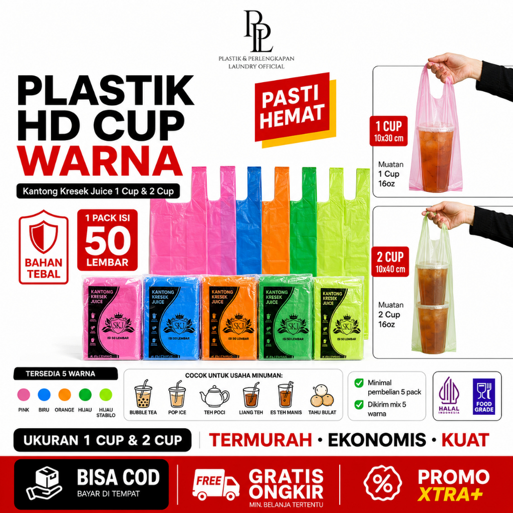 [EKONOMIS] KANTONG KRESEK HD CUP JUICE WARNA BERAGAM | PLASTIK HD CUP WARNA UKURAN 1 & 2 CUP | 10X30