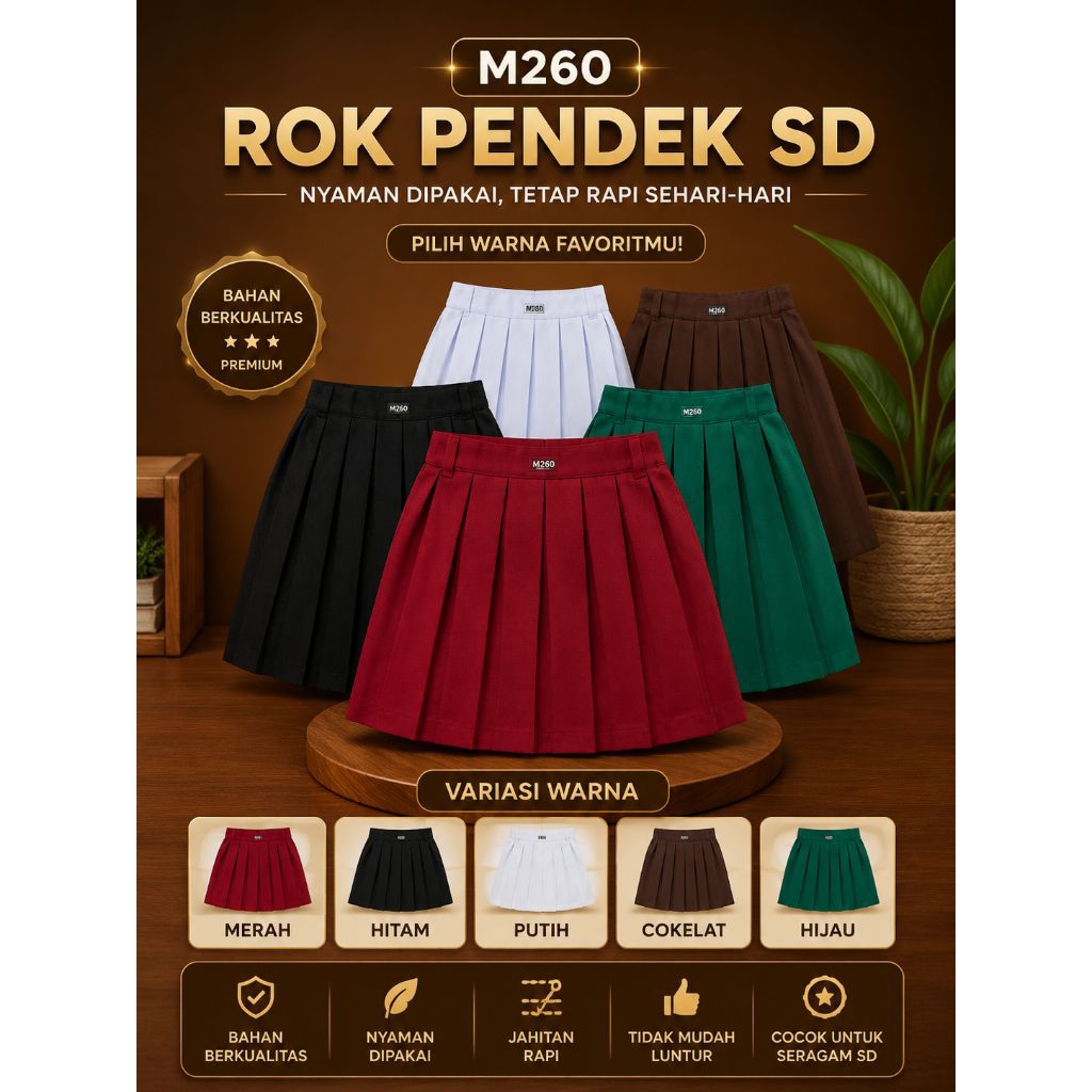 Rok Pendek SD M260 | Rok Seragam Sekolah Anak | Merah Hitam Putih Cokelat Hijau