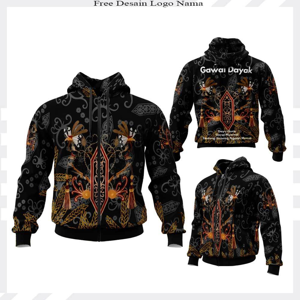 Jaket Hoodie Zipper Gawai Dayak Premium / Sweater Resleting Motif Etnik Dayak Kalimantan Fullprintin