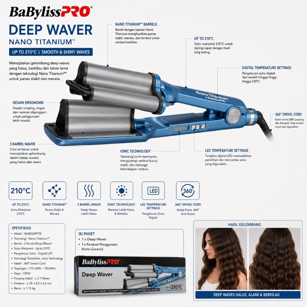 BaBylissPRO Deep Waver Nano Titanium Triple Barrel Original Hair Waver Catok Gelombang Rambut Profes