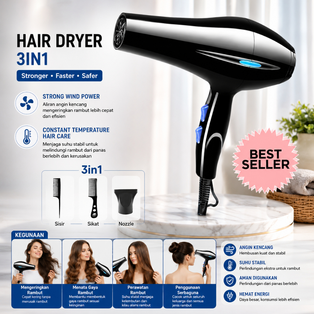 Hair Dryer Professional Salon Pengering Rambut Mini Hair Dryer Low Watt Multi Hair Styler Low Watt P