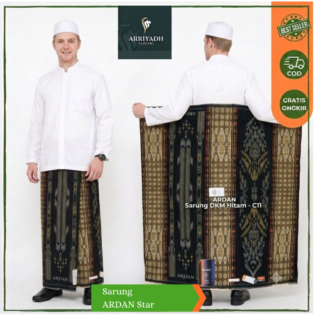 Sarung ARDAN Star Hitam Putih Songket Timbul Kombinasi Bahan Lembut Adem Nyaman