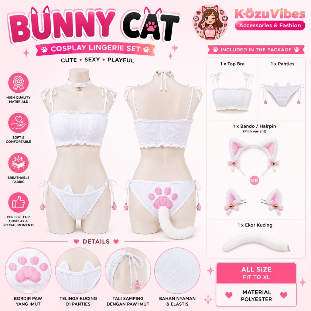 Kozuvibes Sexy Lingerie Bikini Buntut Kucing Cosplay Bando Hairpin
