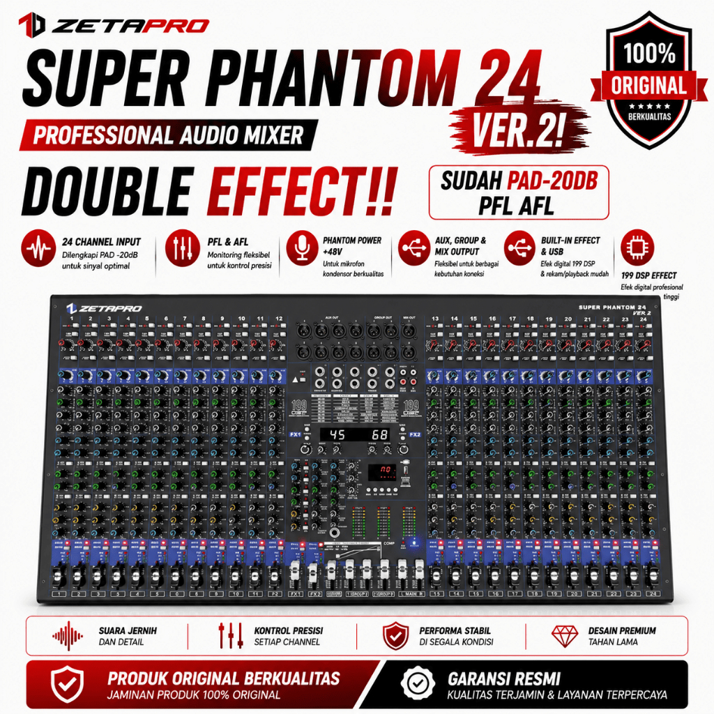 ZETAPRO SUPER PHANTOM 24 VER 2 MIXER AUDIO 24 CHANNEL COMPRESSOR, DOUBLE EFFECT