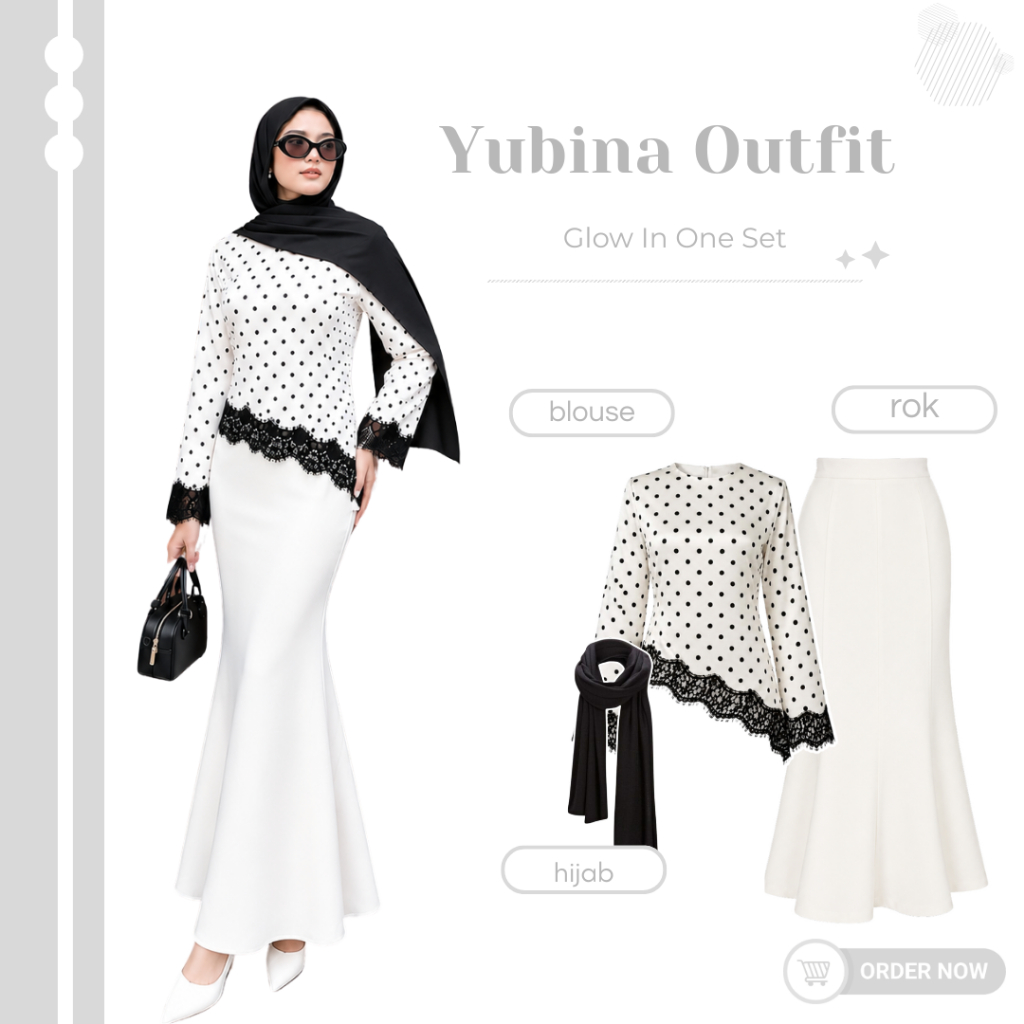 One Set 3in1 Set Outfit Kekinian ( Blouse Polka Renda+Rok Duyung+Hijab ) Yubina Style Fashion Remaja