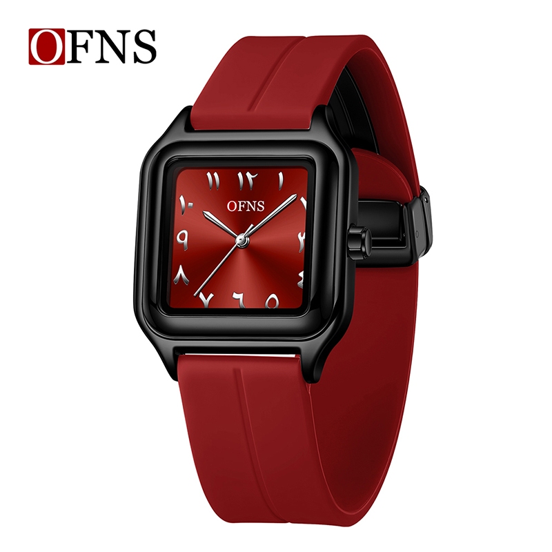 Jam Tangan Wanita OFNS 7221 Kotak Dial Merah Angka Arab Tali Silikon Magnet Tahan Air 3ATM Quartz An
