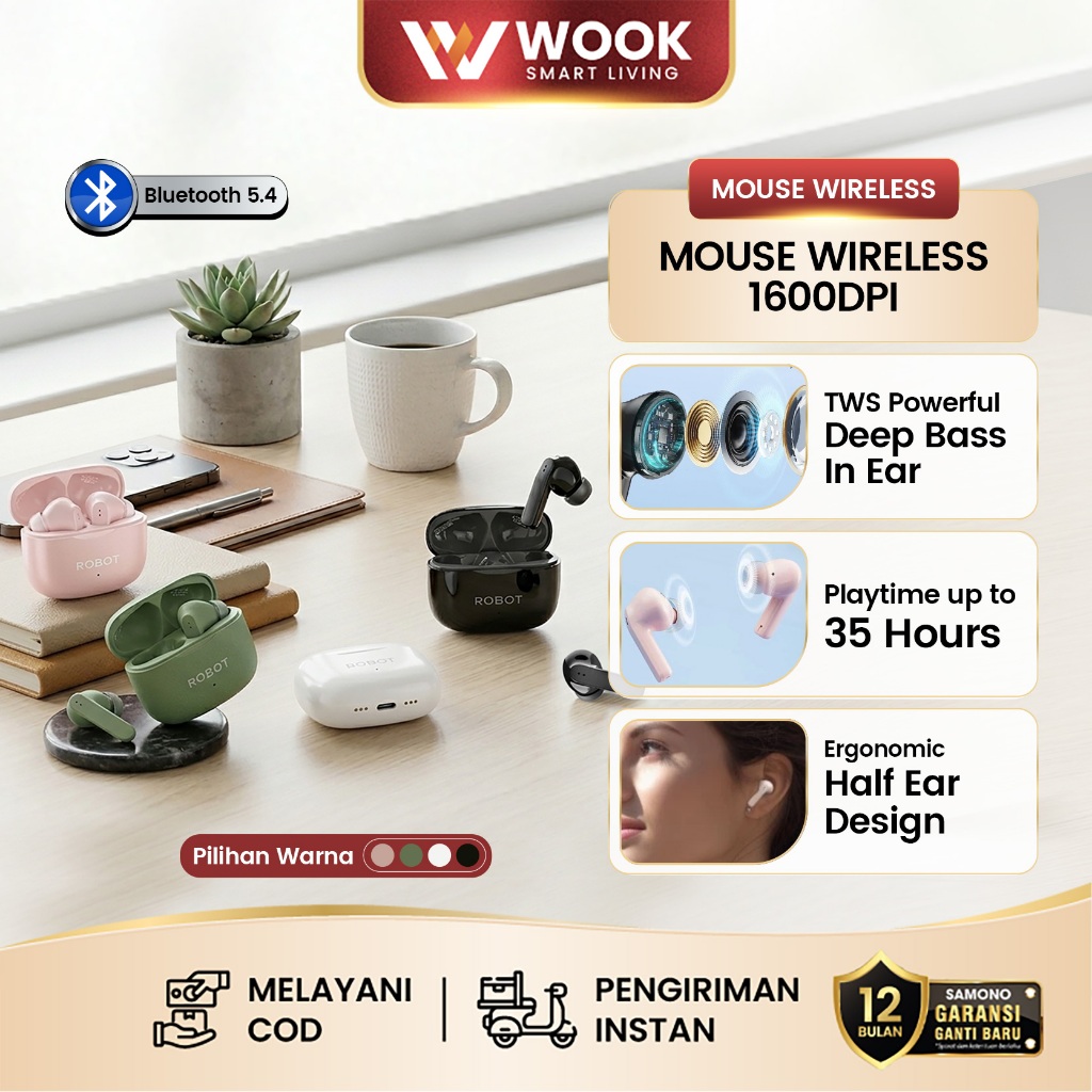 ROBOT TWS Earphone Airbuds Bluetooth 5.4 Terbaru Koneksi Cepat Stabil Desain Ergonomis Ringan Nyaman