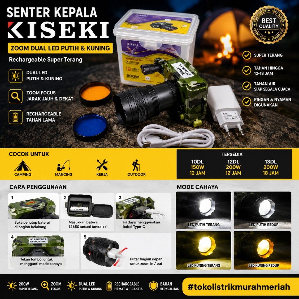 Senter Kepala Kiseki Zoom Dual LED Putih & Kuning Rechargeable Super Terang 10DL 12DL 13DL Headlamp 