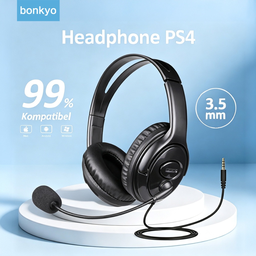 Bonkyo Headset Kabel PS4 Jack 3.5mm Mikrofon Fleksibel 255 Derajat Omni-Direksional Bass Jernih Head