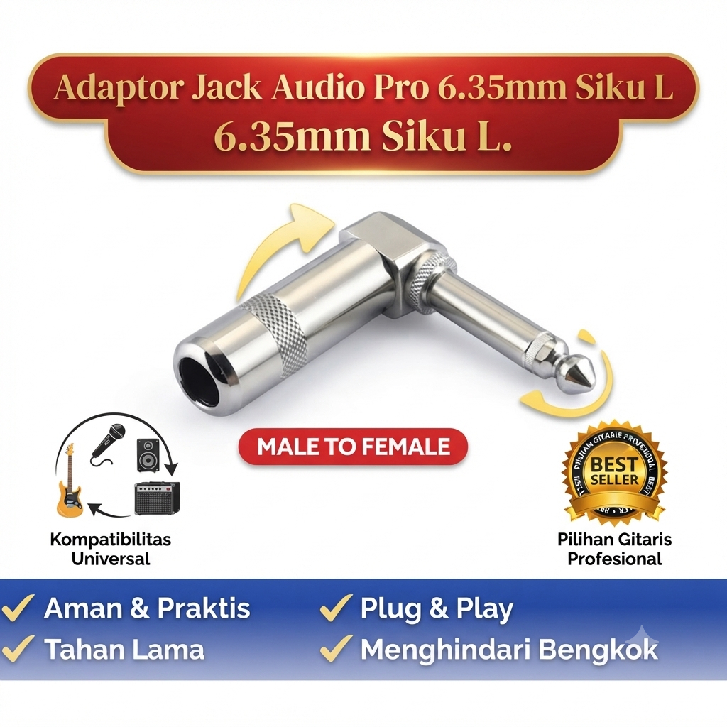 Jack Audio 6.35mm Siku L Male to Female 1/4 Inch Jack Plug / Jack 90 Derajat Stereo Mono untuk Gitar