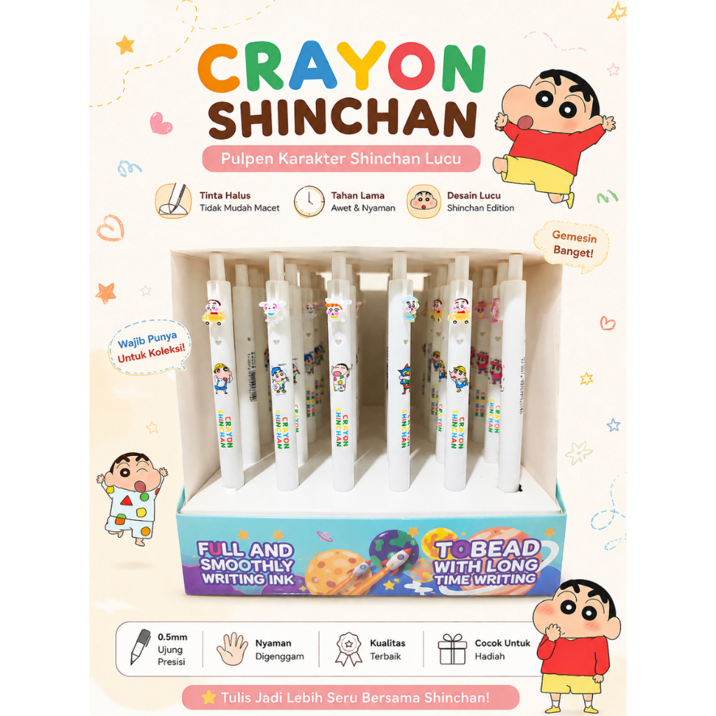 Pulpen Gel Shinchan Karakter 0.5mm Pulpen Hitam Lucu Estetik Alat Tulis Sekolah Kantor