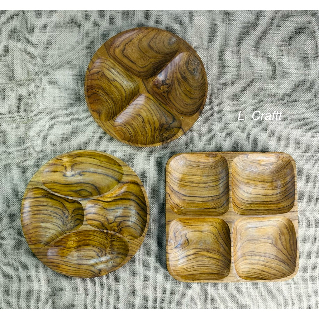 piring kayu/piring sekat 4/piring saji/piring makan anak/piring diet kayu jati 23cm