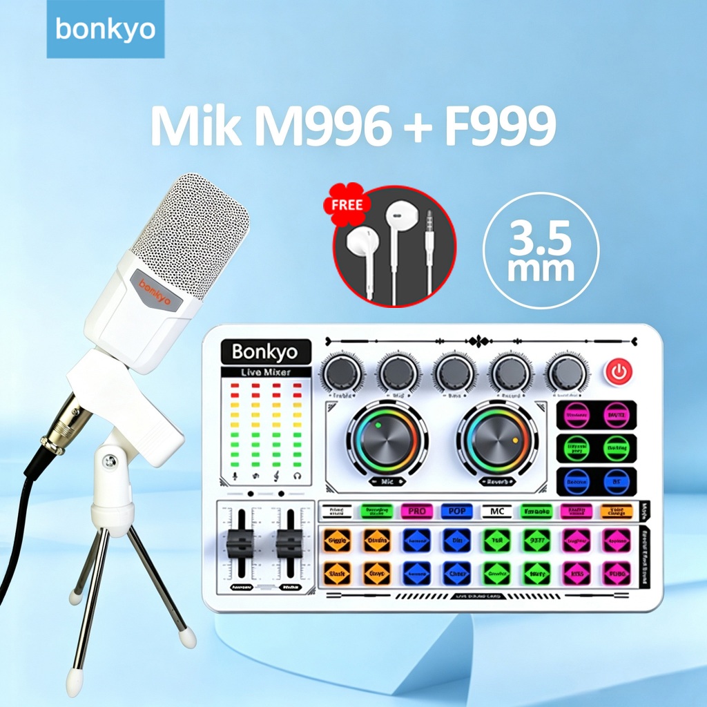 Bonkyo Paket Lengkap Soundcard Live F999 + Mikrofon Kondenser M996 Tripod Bluetooth 5.0 DSP Chip Fil