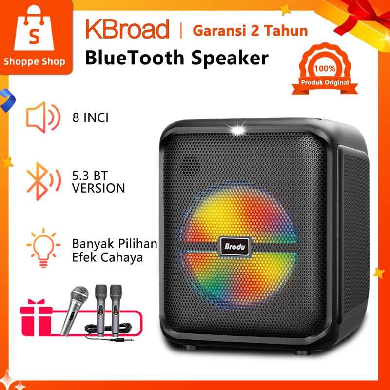 Speaker Karaoke 8 Inch 30W+15W Tweeter Bluetooth 5.3 RGB Light 2 Mic (Wireless + Kabel) Input Gitar 