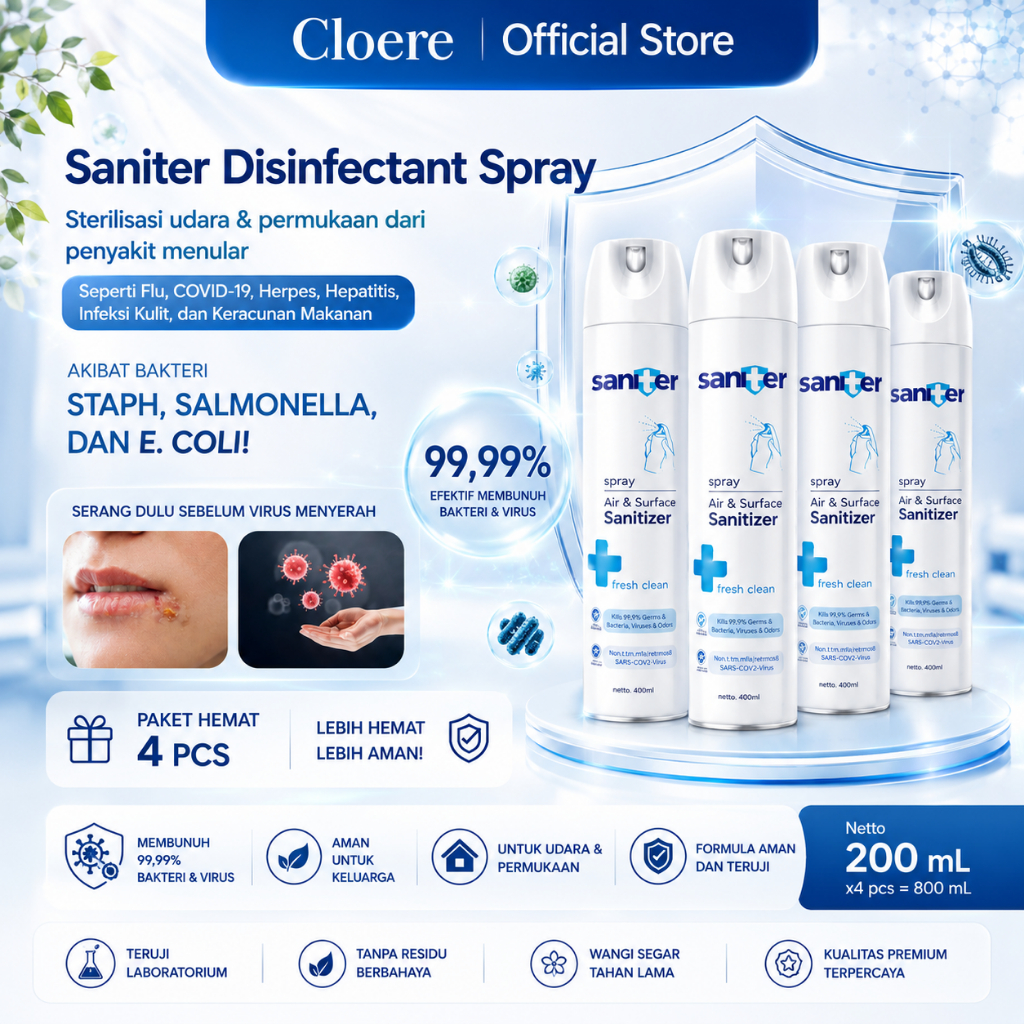 CLOERE X Sterilisasi Udara Saniter Air & Surface Sanitizer Spray 200ml – Membantu Membasmi Kuman, Vi
