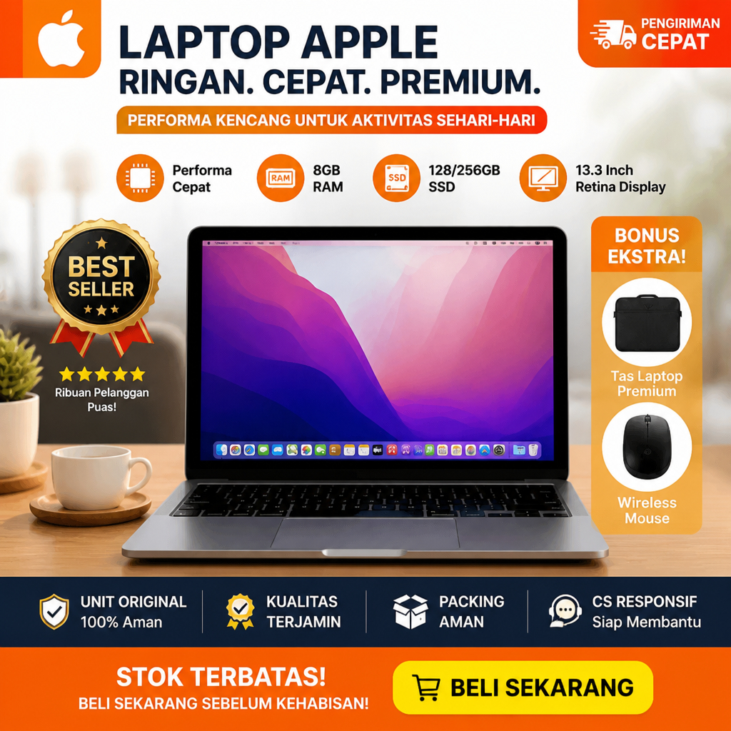 Laptop Apple Macbook Bekas 100% Original RAM 8GB SSD 256GB Second Mulus Bergaransi Bonus Mouse + Tas