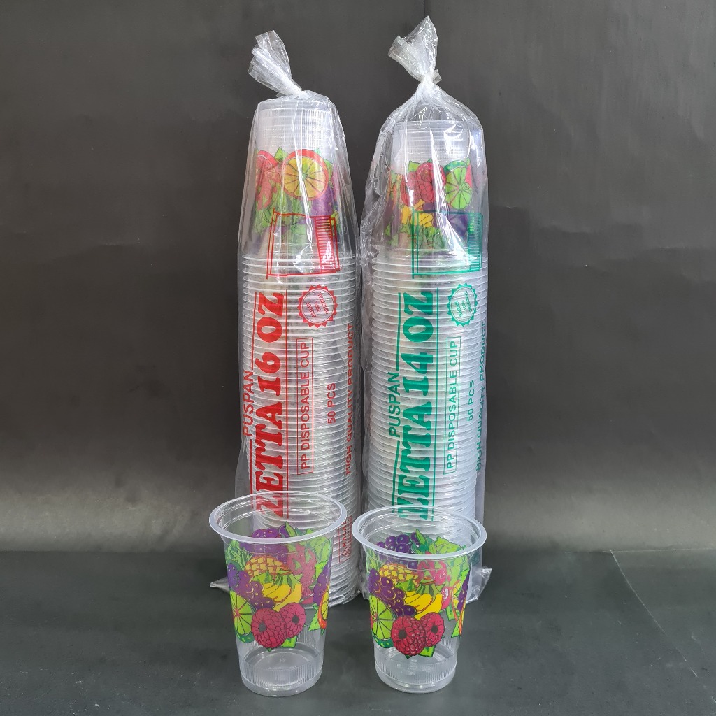 1 DUS GELAS PLASTIK 14oz 16OZ BUAH SABLON PRINTING CUP 16 TEBAL MOTIF JUS BENING OZ BUBBLE PUSPAN GO
