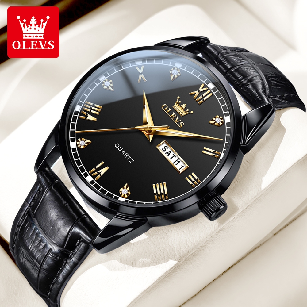 OLEVS Jam Tangan Pria Original Anti Air Hitam Tahan Kulit Fashion Mewah Bisnis Analog Watch Men Cod