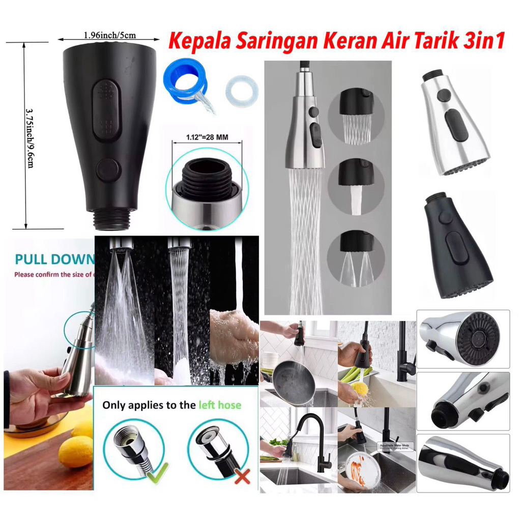 Kepala Saringan Kran Air Tarik 3in1 Sambungan Filter Kepala Kran Air Sink Cuci Piring