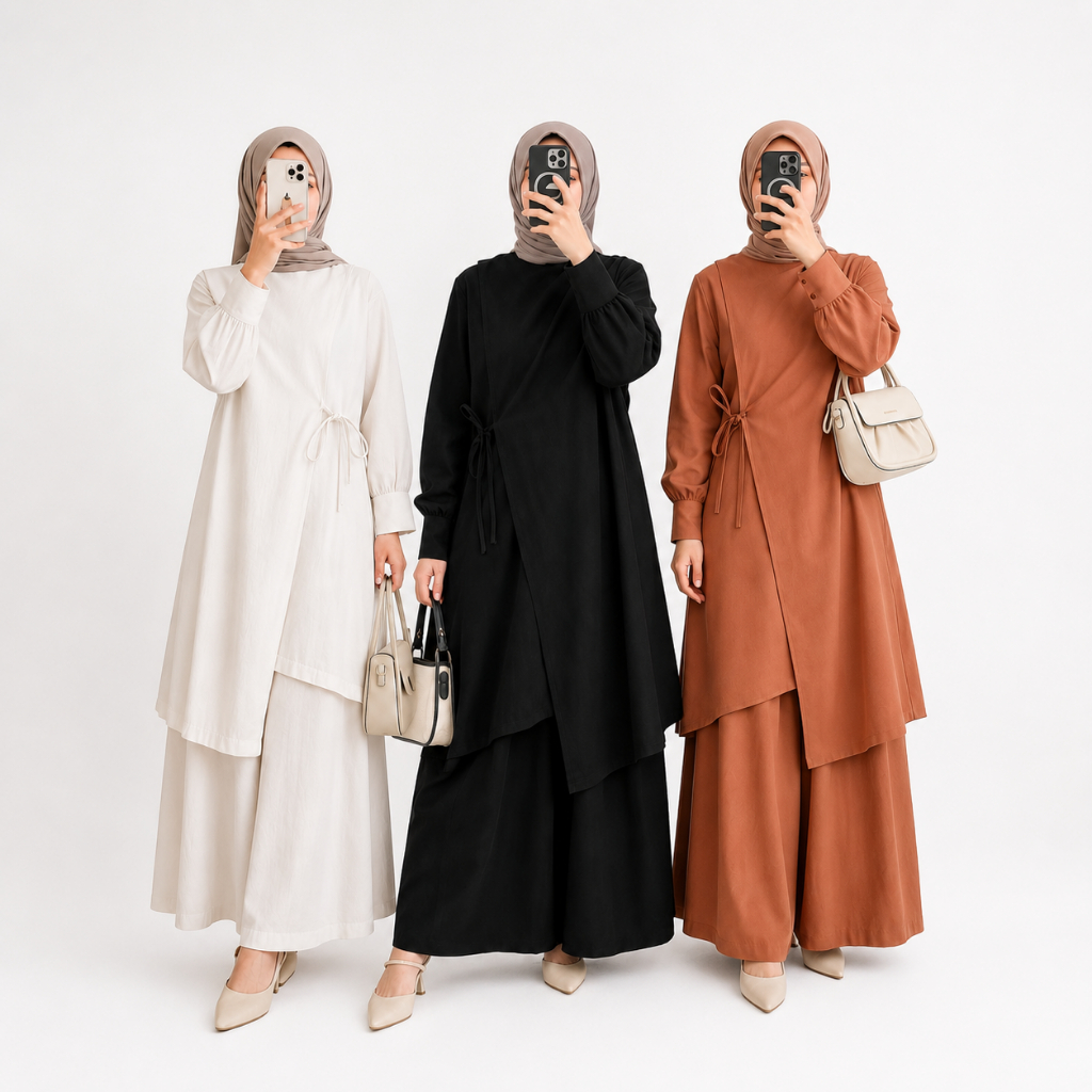 Setelan Muslim Wanita Tunik Panjang Celana Kulot Modis Elegan Setelan Hijab Kekinian