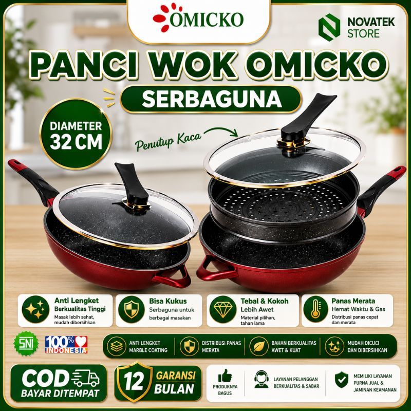 Set Panci Wok Omicko 32 cm + Kukusan Steamer – Panci Wok, Panci Kukusan Anti‑Lengket Steamer
