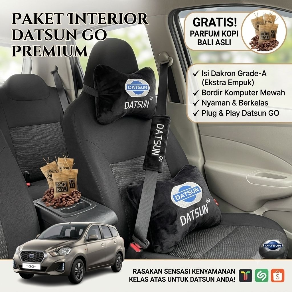 Bantal Mobil DATSUN GO + Cover Seatbelt Bordir Komputer | Bahan Velboa Premium Isi Dakron Tebal | Cu