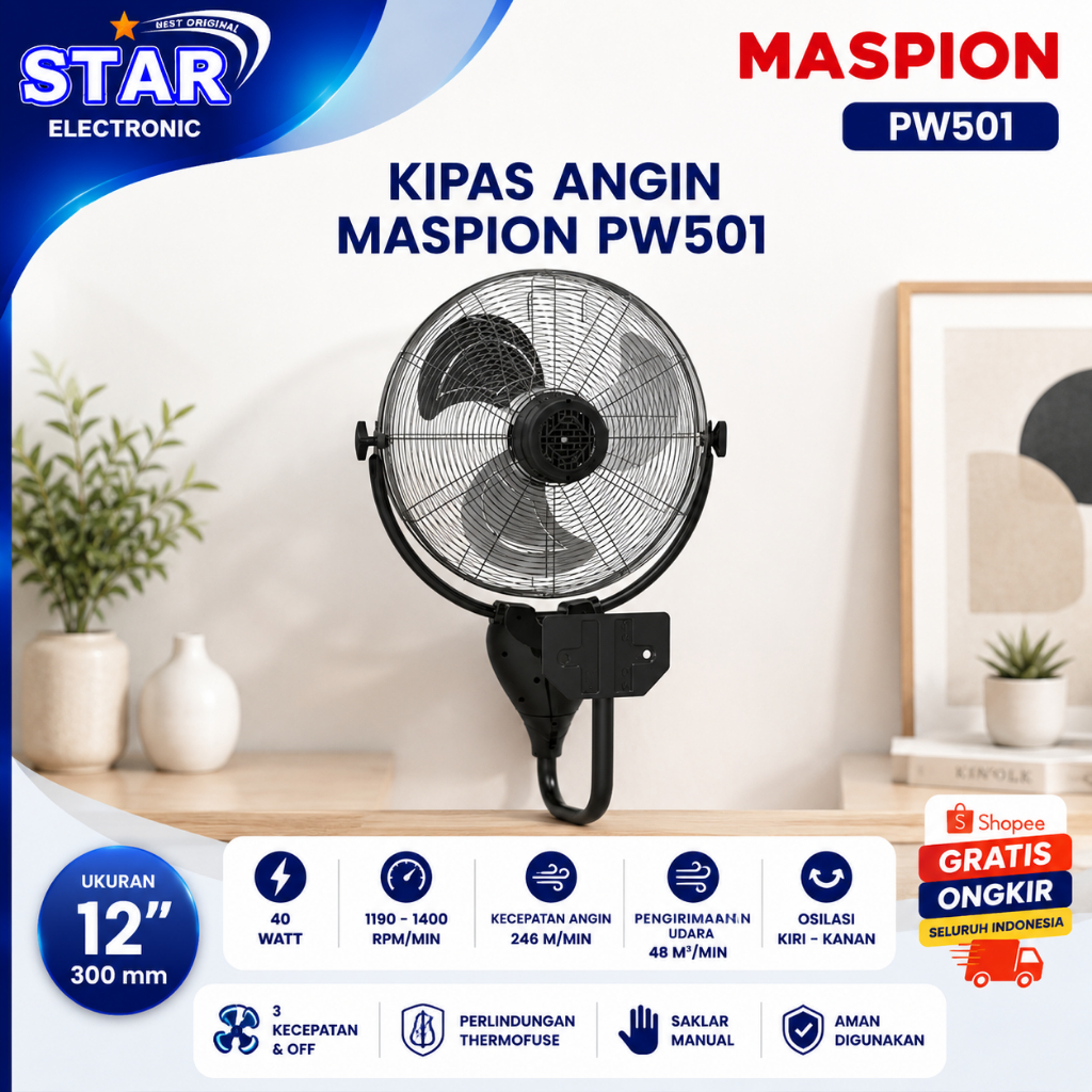 KIPAS ANGIN MASPION PW 501 POWER FAN/PW501/PW-501/POWER WALL FAN 20 INC/ORI GARANSI RESMI MASPION