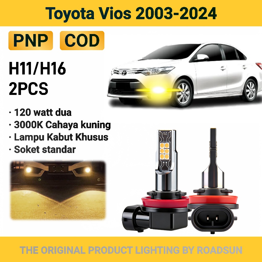 Foglamp Toyota Vios 2003-2024 LED H11 lampu kabut 3000K lampu kuning, 2 buah