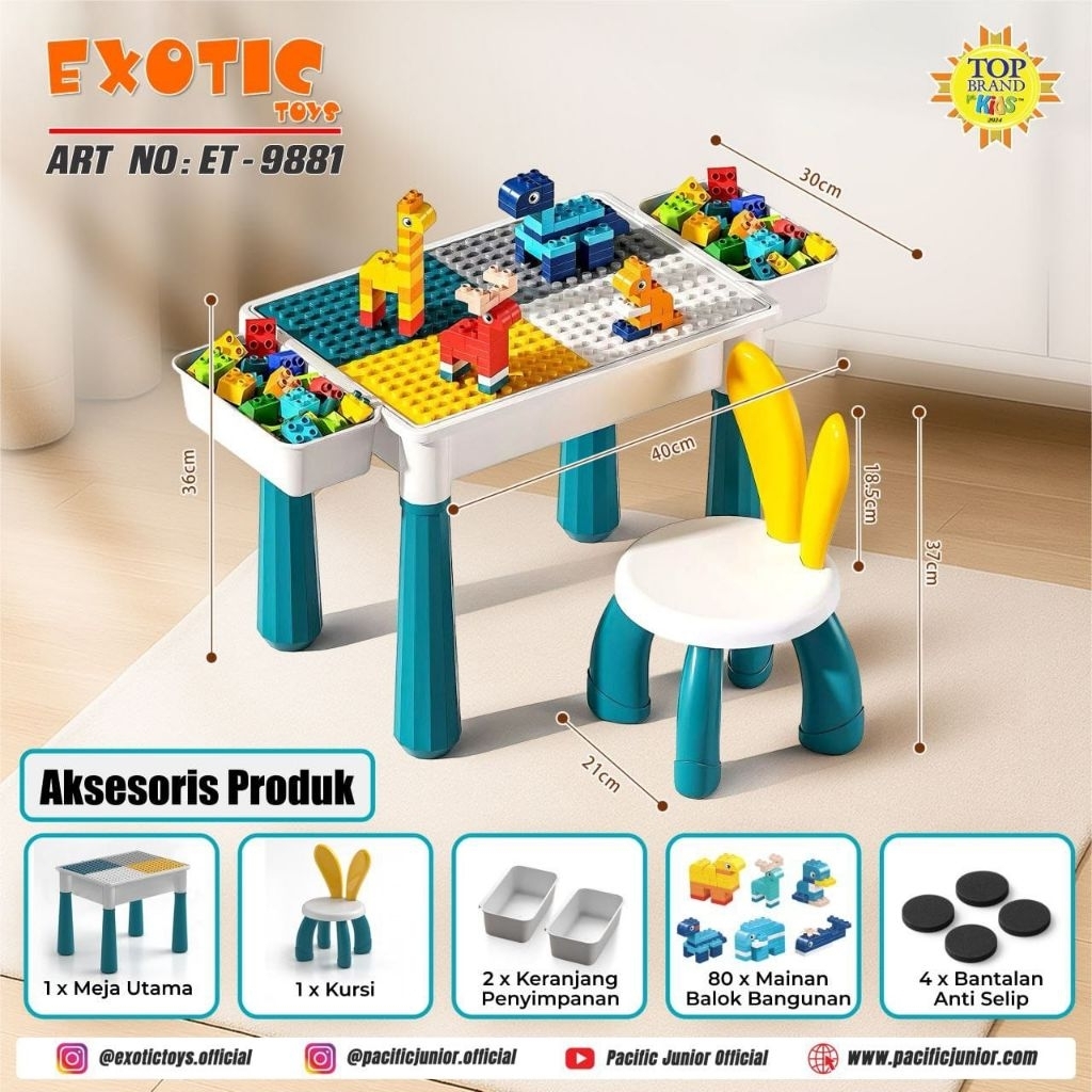 meja mainan Lego dan kursi untuk belajar multifungsi merk exotic