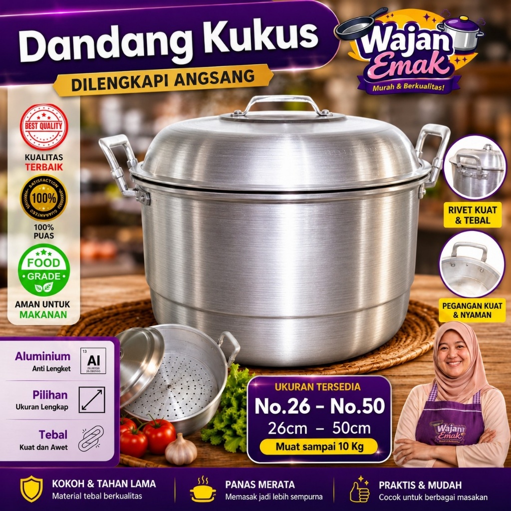 Panci Kukus no 26/28 Dandang Penanak Nasi Langseng Sarang Alumunium Jumbo Super Tebal Wajan Emak