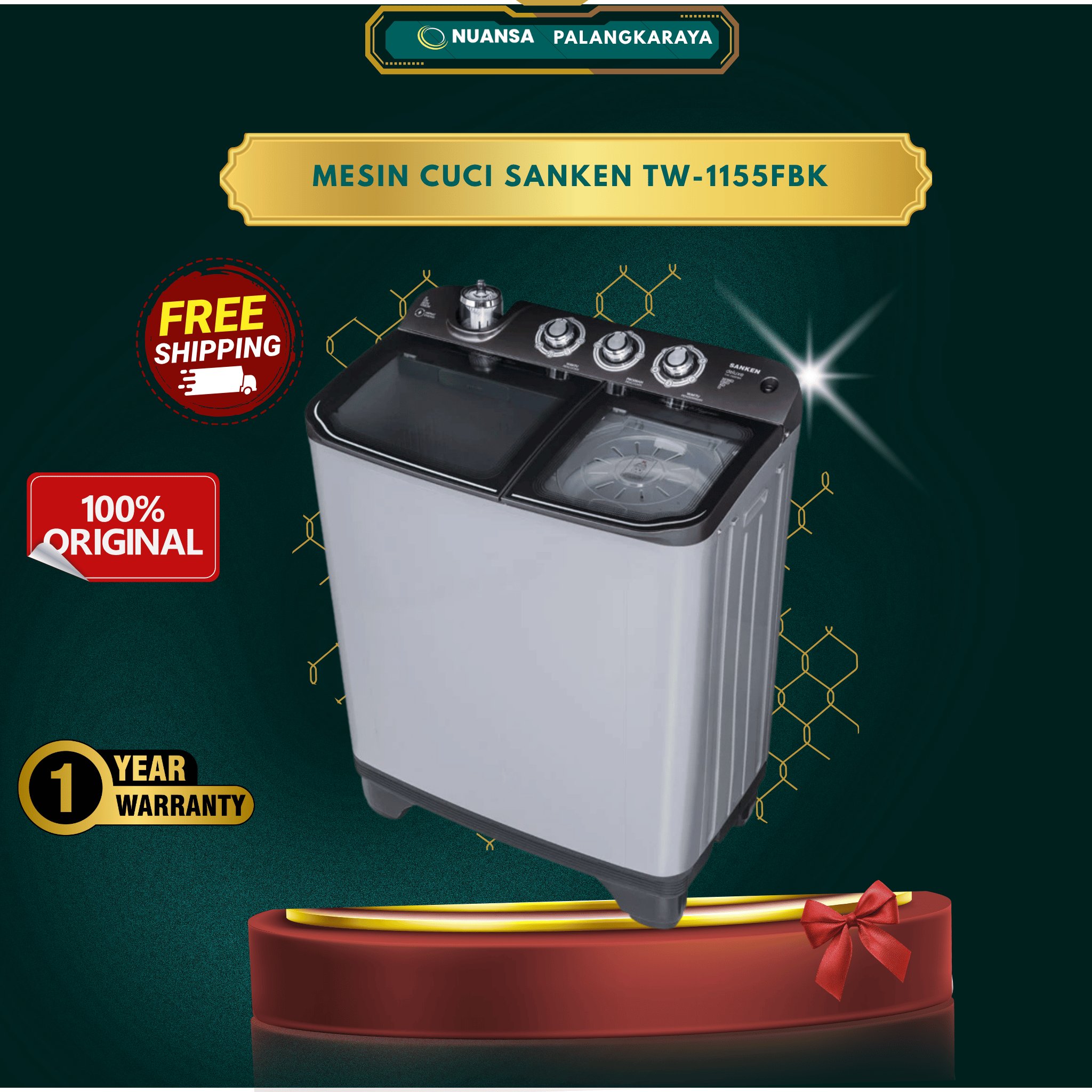 Mesin Cuci 2 Tabung Sanken TW-1155FBK / Mesin Cuci Sanken TW-1155FBK