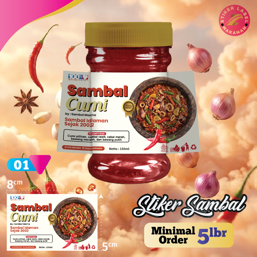 Stiker Label Sambal Botol Kemasan 150ml Custom Desain Cutting Kisscut