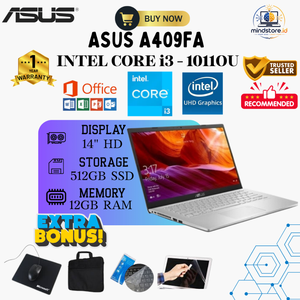 Asus A409FA Intel Core i3 - 10110U RAM 12GB SSD 512GB | 14" HD Windows 11 + Office
