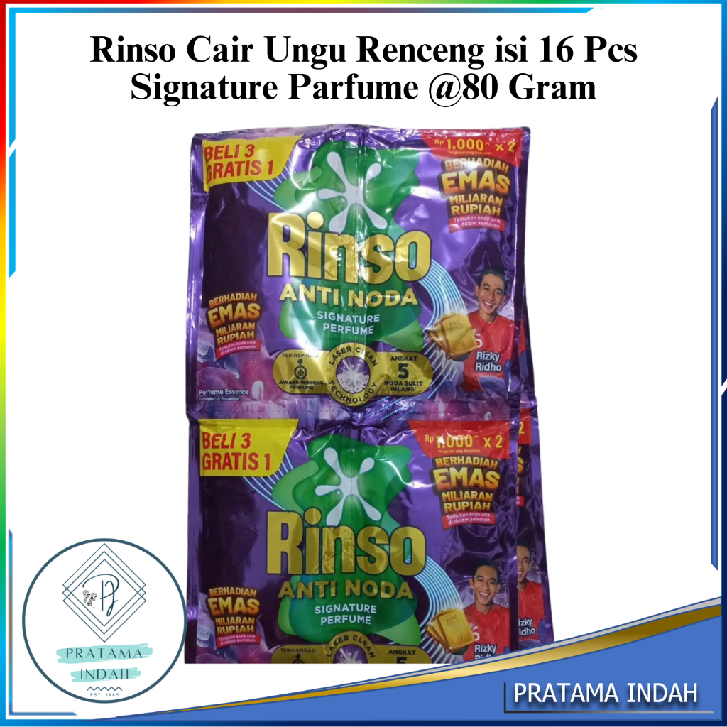 RINSO CAIR SACHET ANTI NODA SIGNATURE PERFUME UNGU HARGA 1 RENCENG ISI 12+4 SACHET TOTAL 16 SACHET