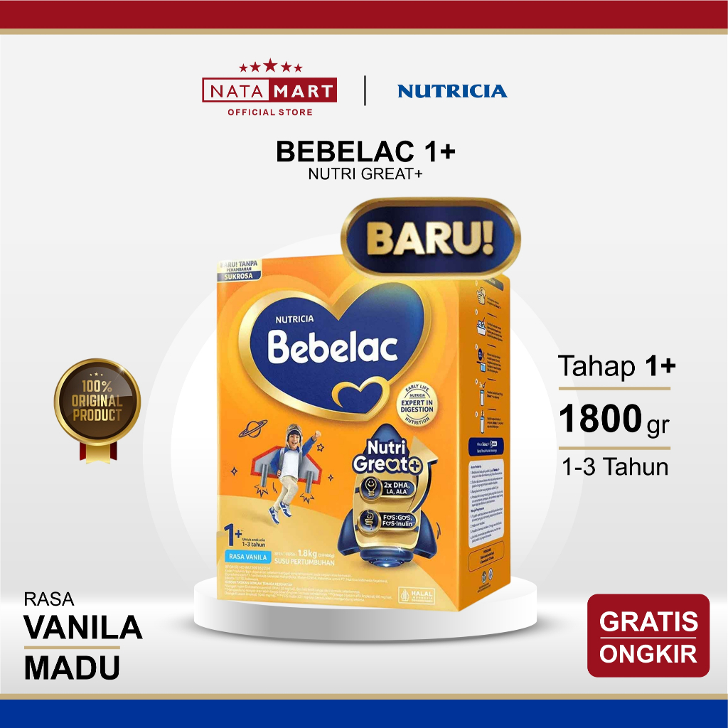 BEBELAC 1+ NUTRI GREAT+ 1-3 TAHUN 1800G / 1.8KG VANILA ATAU MADU / BEBELAC TAHAP 1+