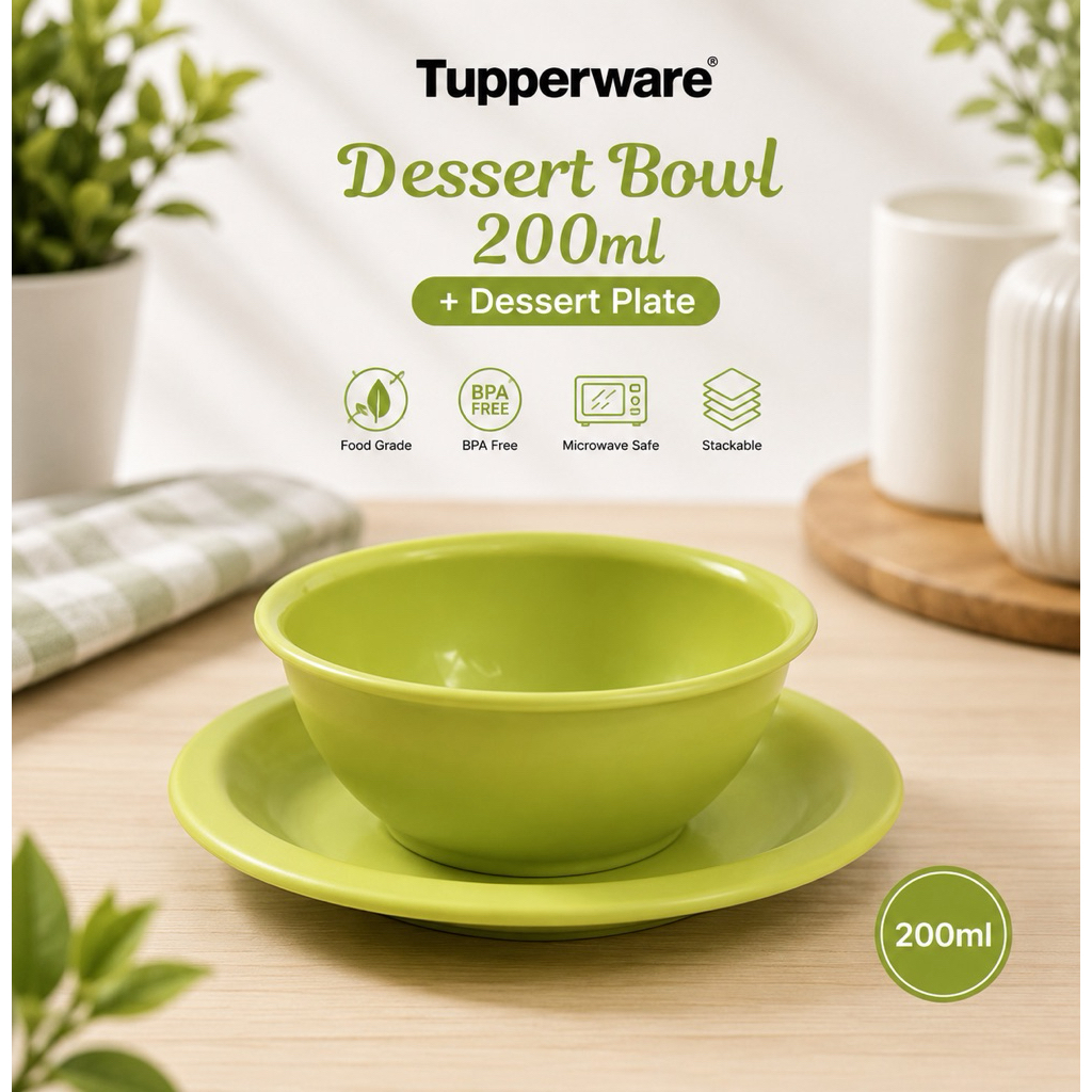 Tupperware dessert bowl 200ml + dessert plate ( 1 pasang warna hijau )