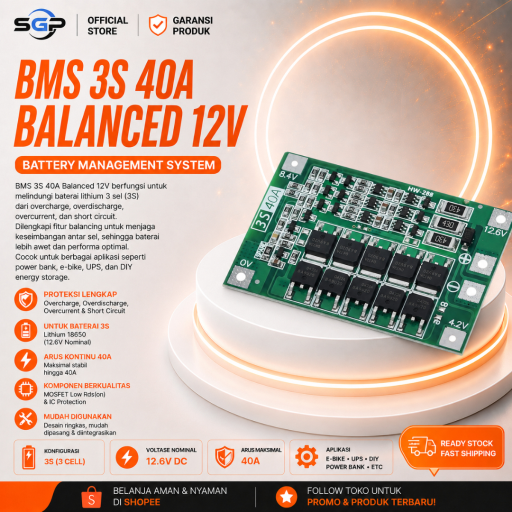 BMS 3S 40A BALANCED 12V 11.1V 12.6V Baterai Li-ion Lithium 18650 Charger Module BMS 3S 40A 12.6V Bal