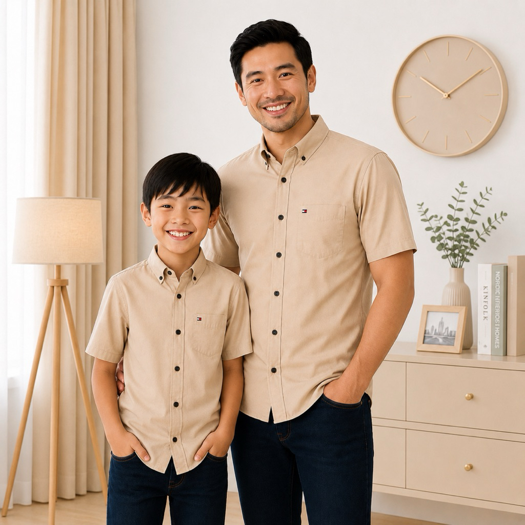 Kemeja Couple Ayah Anak Cream Beige Lengan Pendek Polos Casual Formal Kemeja Keluarga Matching Pria 