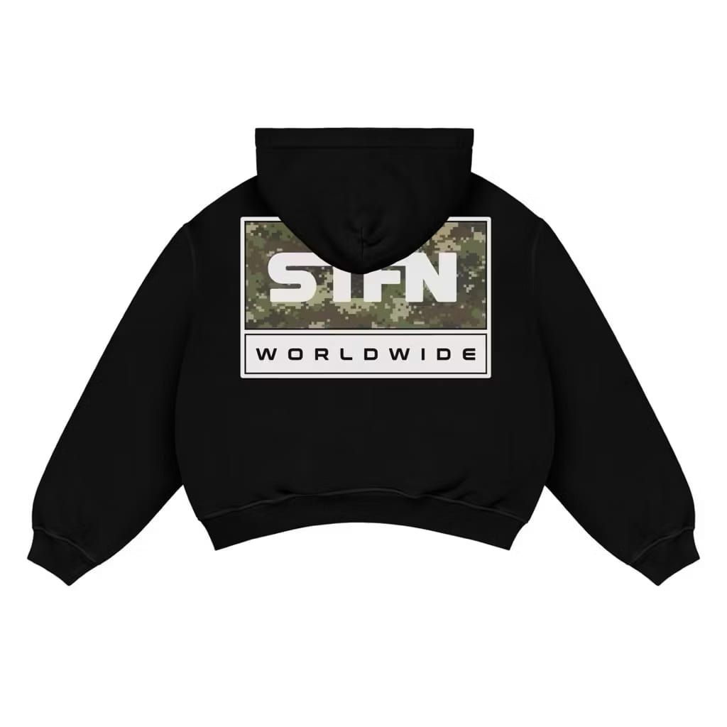 Hoodie Zipper satisfaction worldwide chamo warna hitam Hoodie Zipper boxy oversize