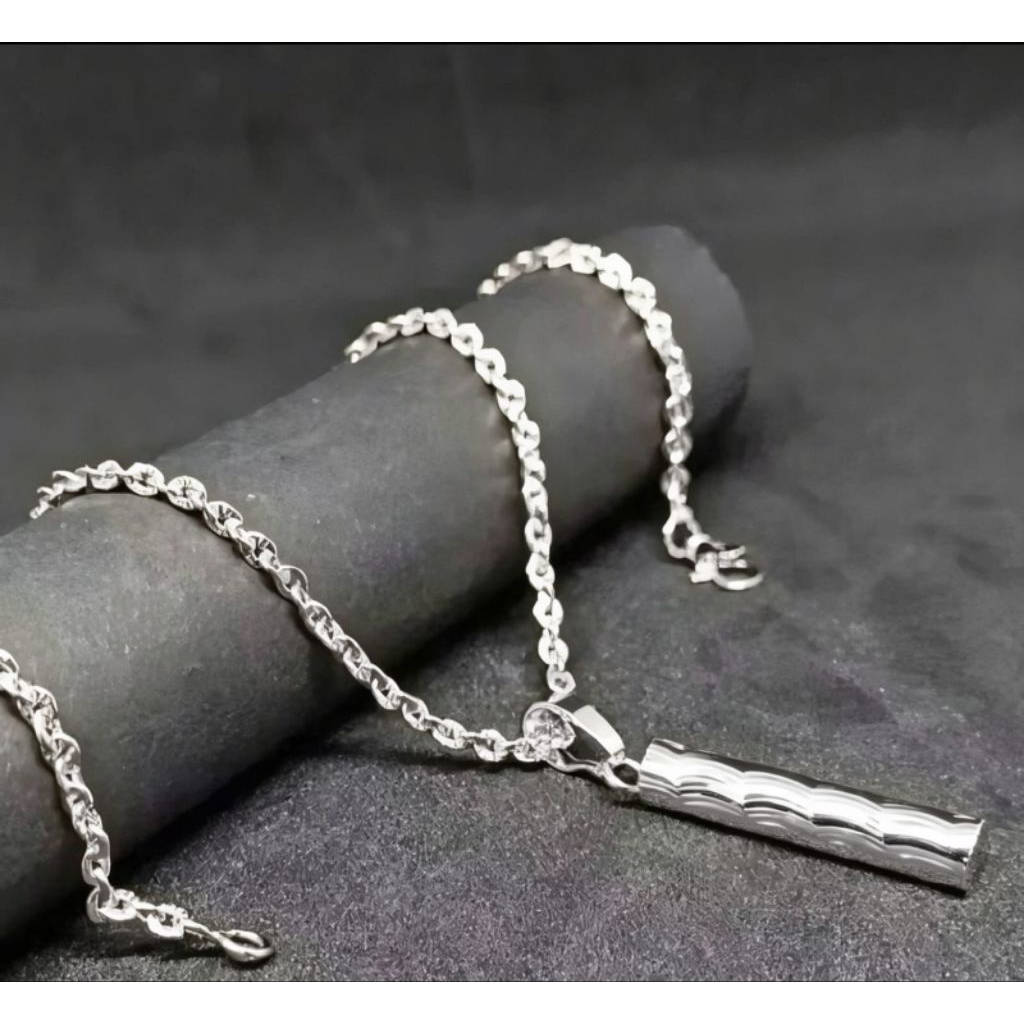Kalung Perak Pria dan wanita Silver Asli 925 Lapis Emas Putih Nori Batik Liontin Bambu-Kalung