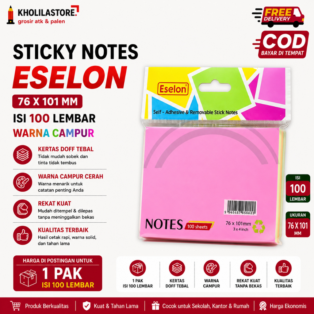 Sticky Notes Eselon 76x101mm / Stick Note Multi Warna