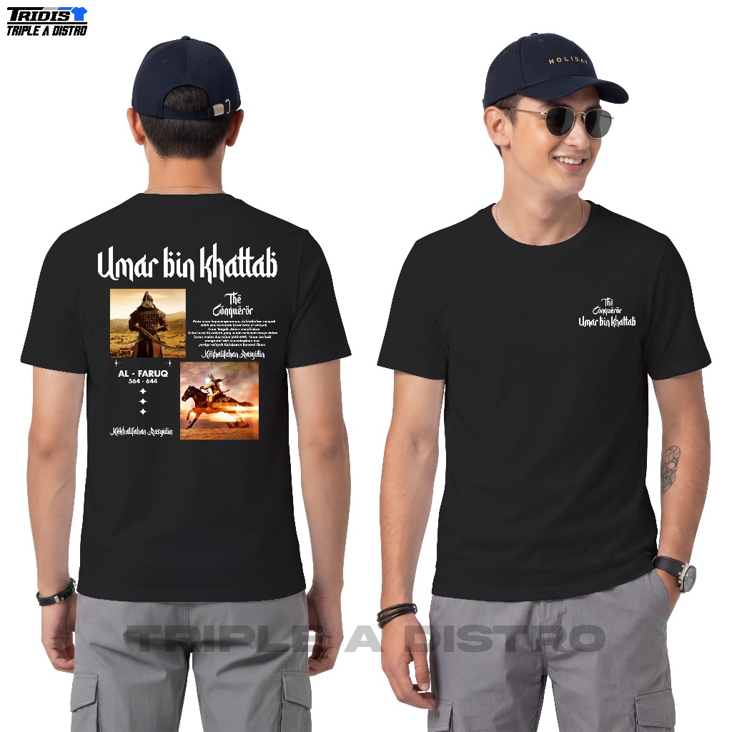 Kaos UMAR BIN KHATTAB THE CONQUEROR Cotton Combed 30s NC Sablon DTF Tridist X Triple A Distro